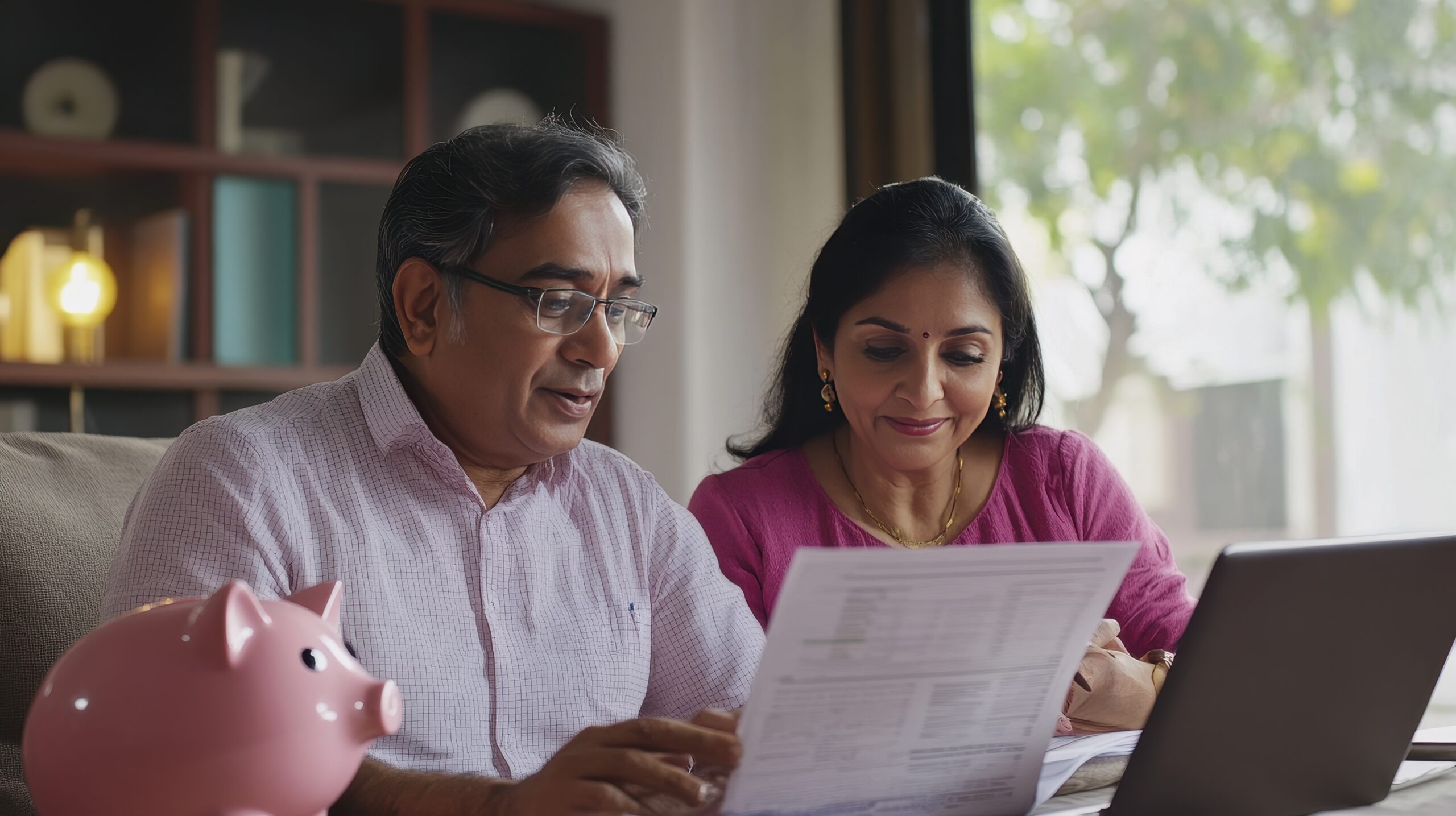 Couple reviewing financial documents together at home with a piggy bank on the table during a sunny day
